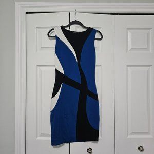 Venus Color Block Blue Black and White Fitted Midi Dress size 4